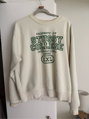Stussy Cream Crewneck Sweatshirt with Green College Graphic